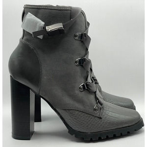 Just Fab Women's Ankle Block Boots Size 8 Gray Zip Side Lace Up Faux Leather